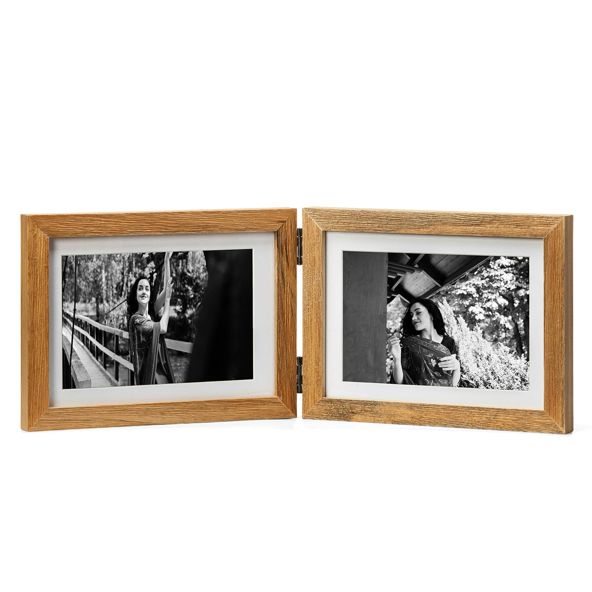 Double 4x6 Hinged Picture Frame Vertical Horizontal Folding Photo Frame Pine Wood with Real Glass, Matted to 3x5, Table Desktop Free-Standing or Wall Art Display, Brown
