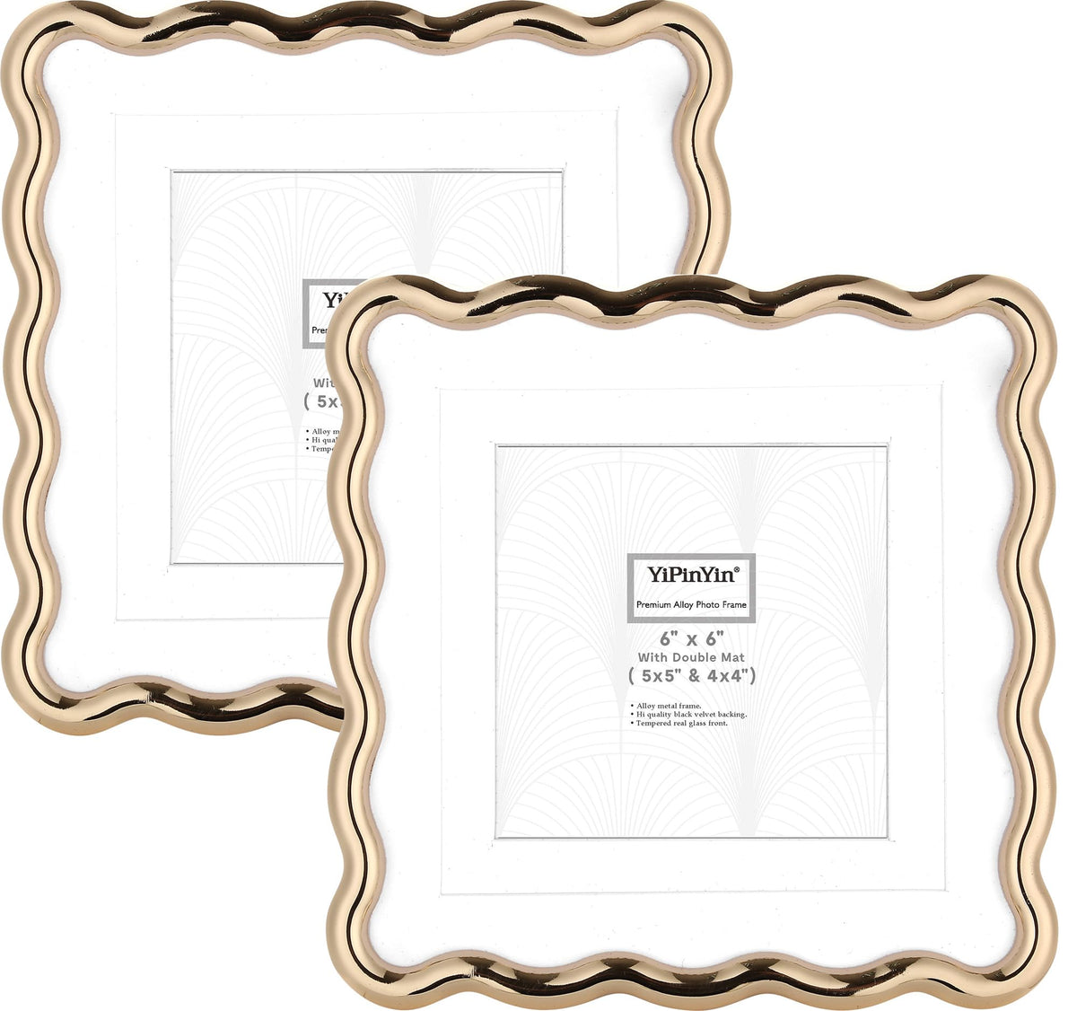 YiPinYin 4x6‘’ Gold Picture Frames Set of 2,High-End Heavy Duty Zinc Alloy Photo Frames with Wave Design,Velvet Backing, Dual Use for Desktop Display & Wall Hanging