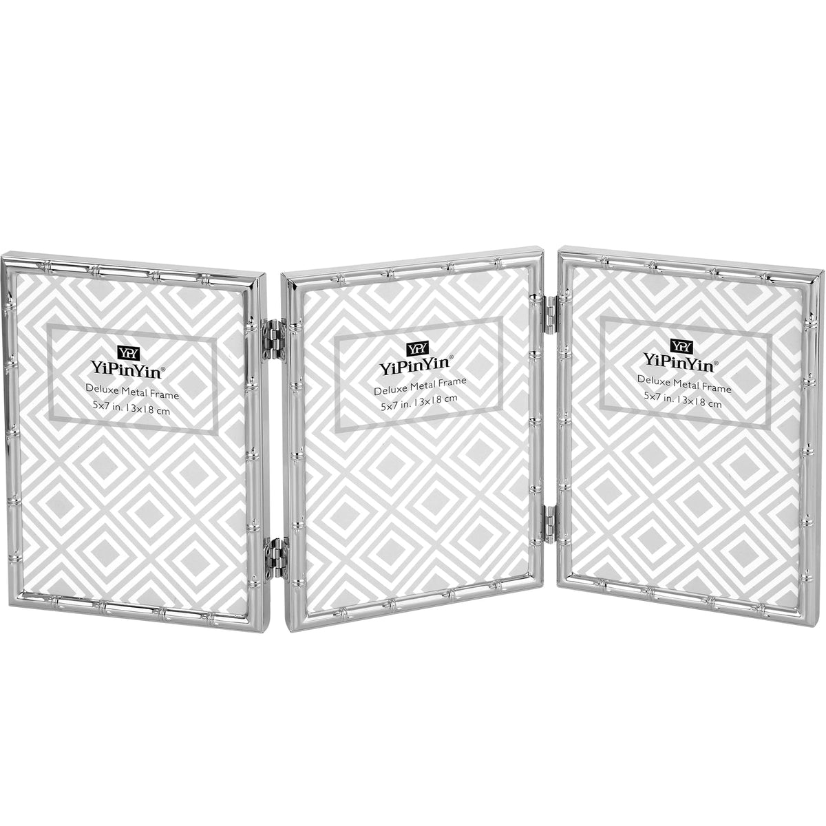4x6'' Bamboo Detail Double Photo Frames,Silver 6x4'' Double Metal Picture Frames,Elegant Silver Plated Photo Frames 4 x 6'' With Soft Touch Velvet Backing and Real Glass for Desktop and Shelf Decor