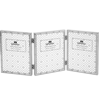 4x6'' Bamboo Detail Double Photo Frames,Silver 6x4'' Double Metal Picture Frames,Elegant Silver Plated Photo Frames 4 x 6'' With Soft Touch Velvet Backing and Real Glass for Desktop and Shelf Decor
