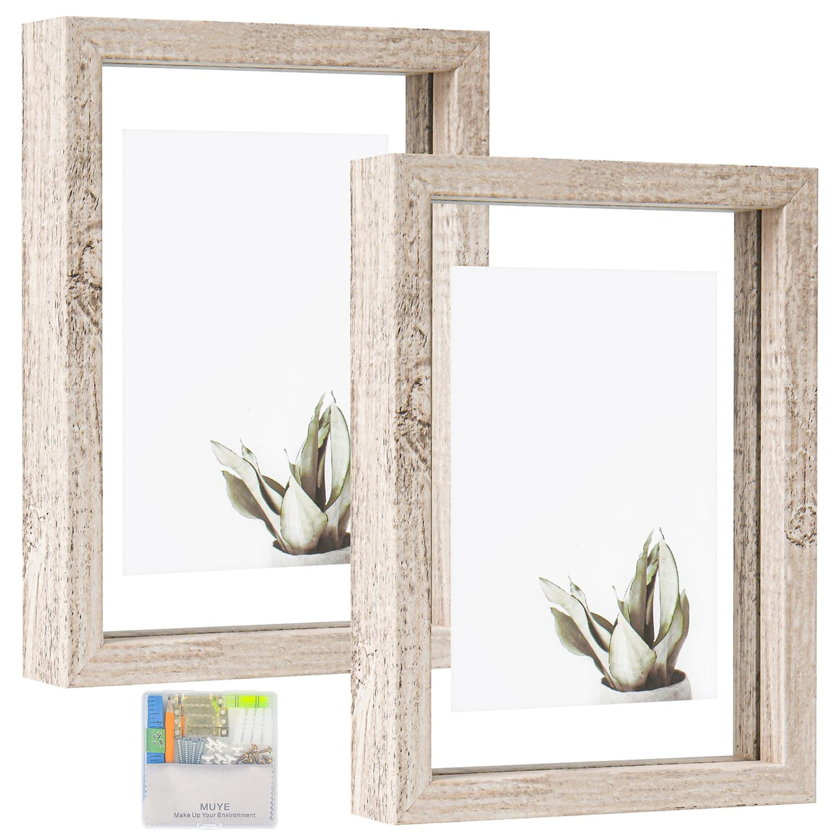 MUYE 5x7 Floating Frame Set of 2,Double Glass Rustic Photo Frame for Wall Hanging or Tabletop Standing,Also Display 4x6 or 3x5 Photo for Floating Effect,Natural