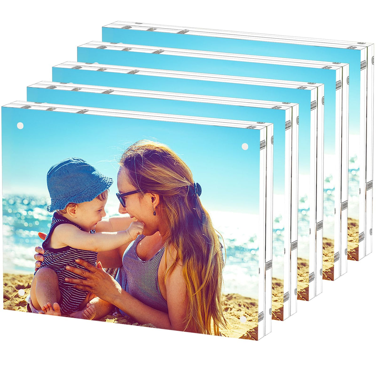 HELPLEX Acrylic Frames, 2 Pack 5x7, 24mm Thicker Frameless Clear Picture Frame, Double Sided Magnetic, Free Standing Desktop Display