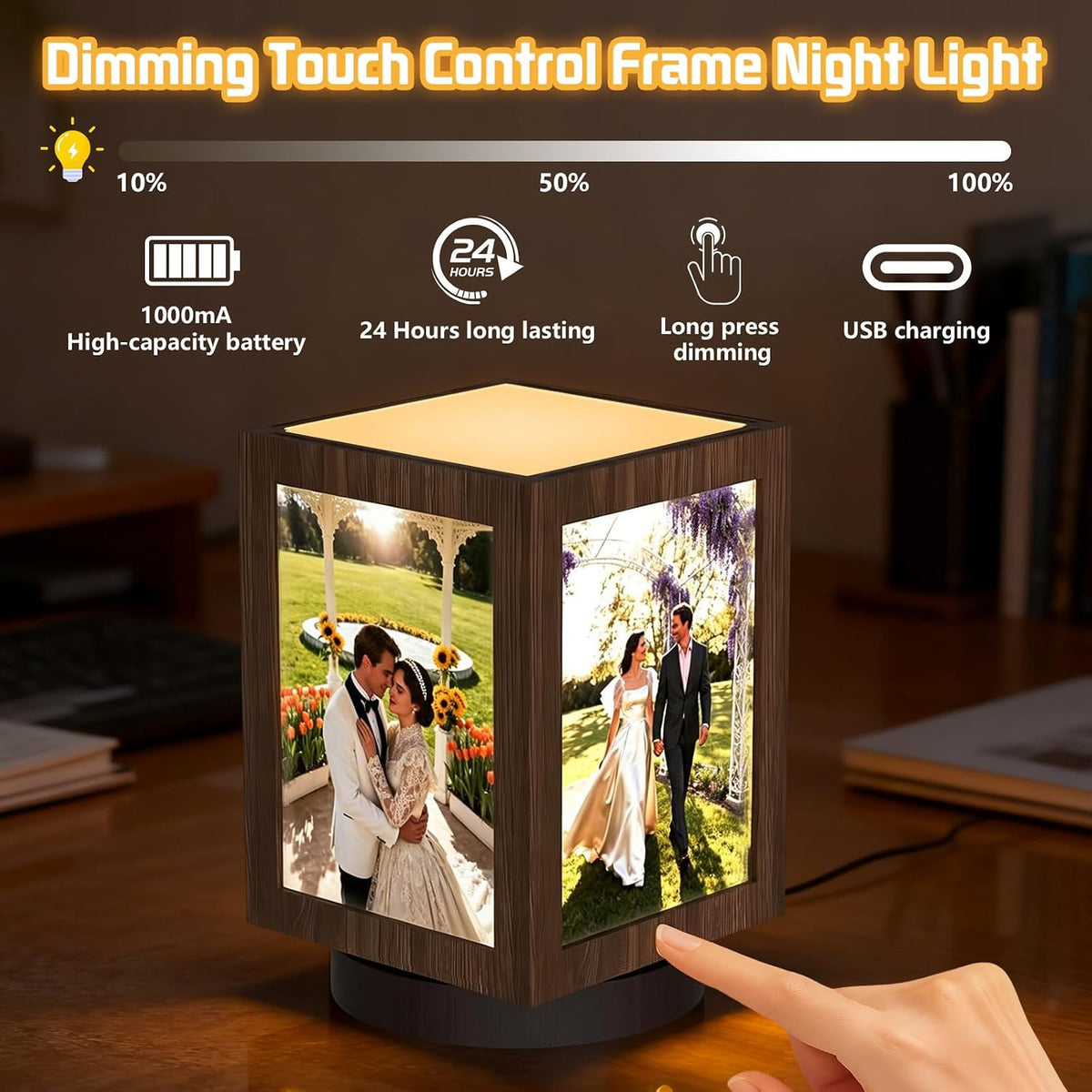 Mixoo 4x6 Picture Frame Light, Vintage Rotating Photo Frame Tabletop Lamp, Touch Desk Lamp for Bedroom Bedside, Table lamps for Office Family Retirement Anniversary Birthday Gifts (Wooden Brown)