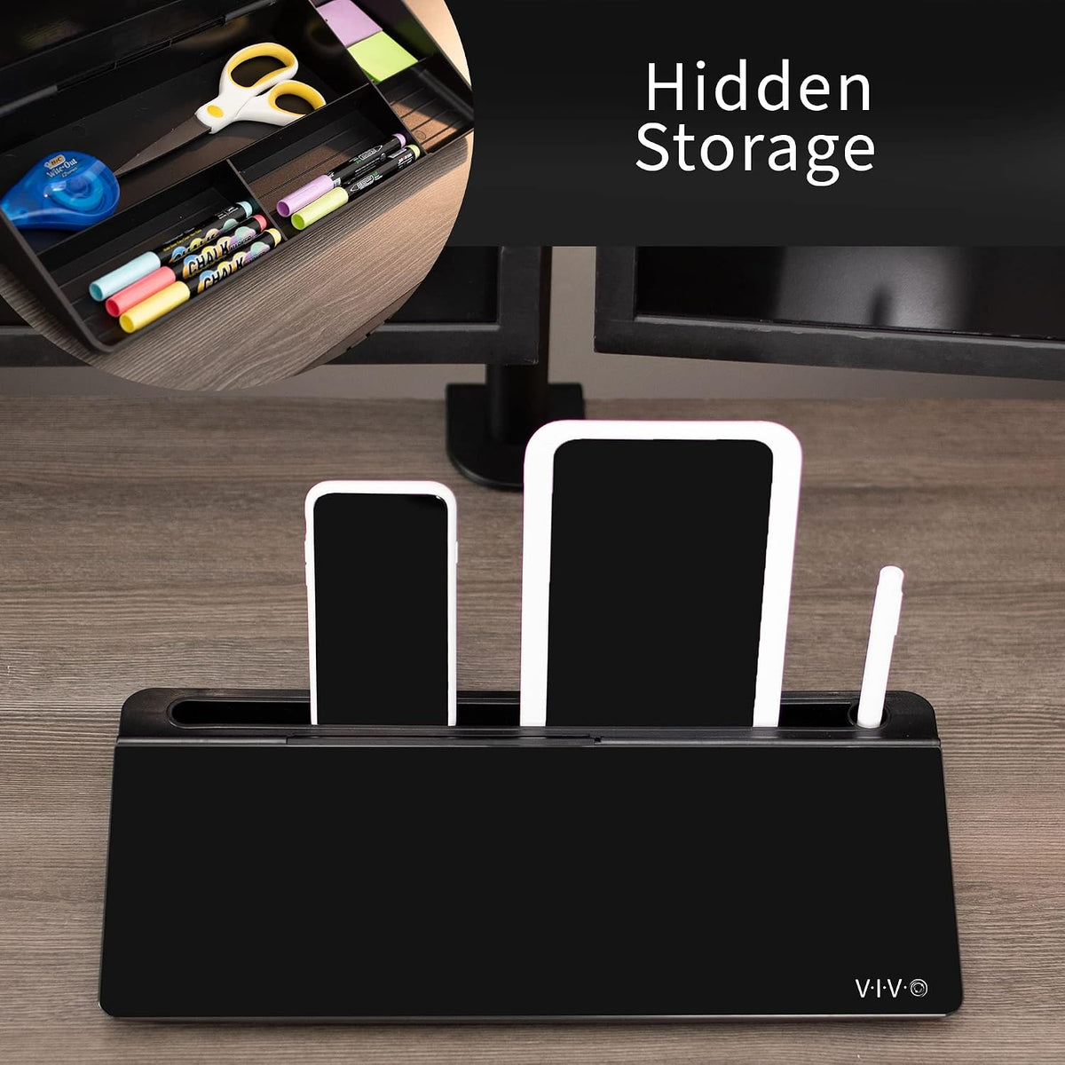 VIVO Black Glass 16 x 7 in Dry Erase Board with Storage, DESK-WB16B