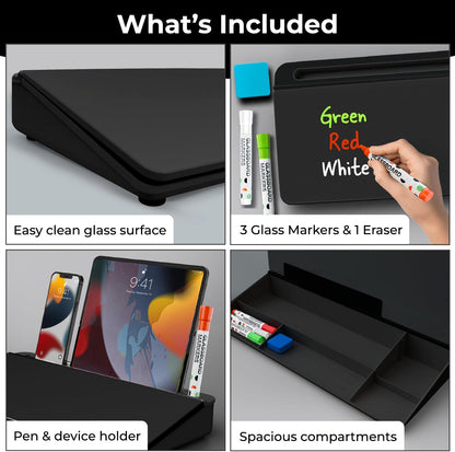 Chalkola Black Glass Desktop Whiteboard with Storage - Desk Organizer Buddy