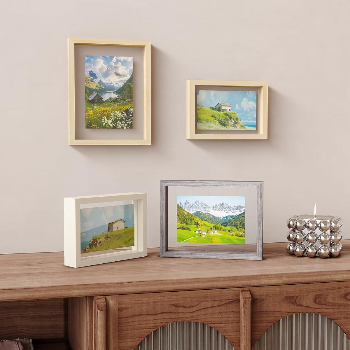 Egofine 5x7 Floating Frames Set of 2, Double Plexiglass Picture Frame, Made of Solid Wood Display Any Size Photo up to 5x7, Wall Mount or Tabletop Standing, Natural Wood