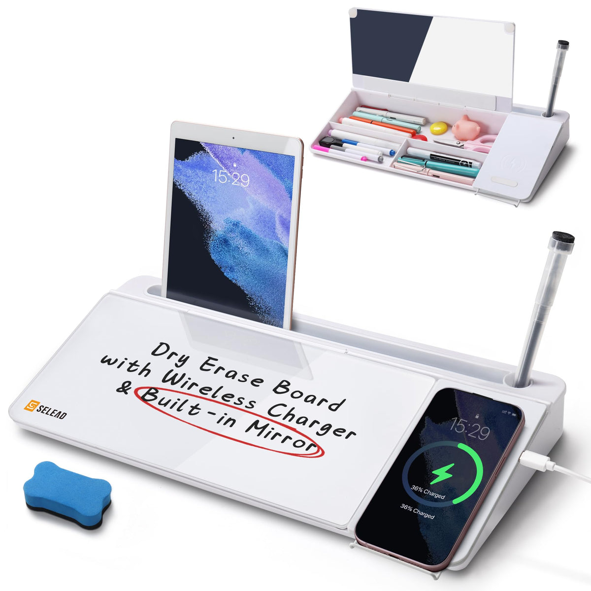 SELEAD Desktop Glass Whiteboard with Calculator & Built-in Mirror, White