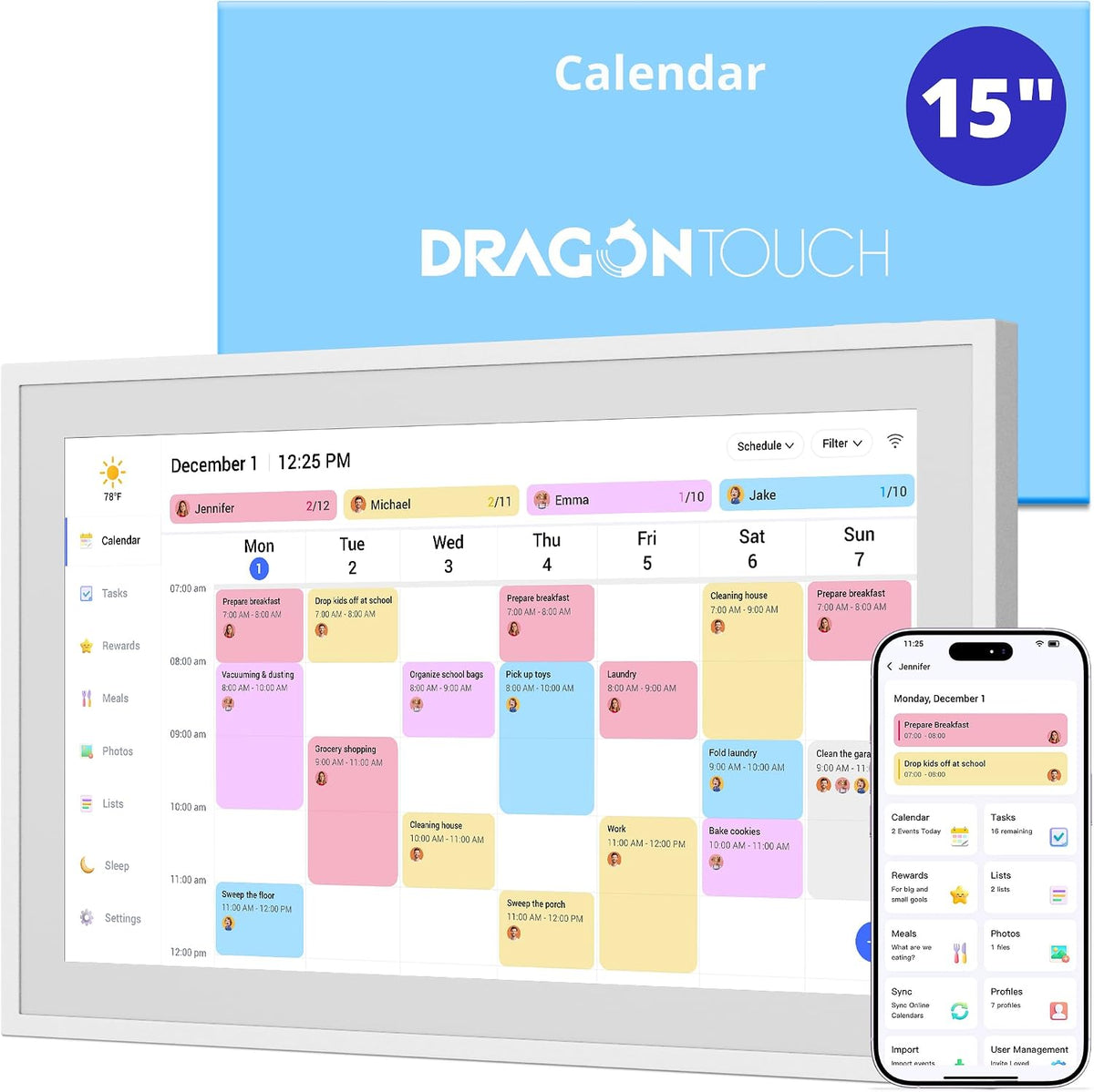 Dragon Touch 15.6" digital calendar chore chart – 1080P full HD interactive touchscreen, smart family planner, Hearth Display wall & desk mountable for seamless scheduling