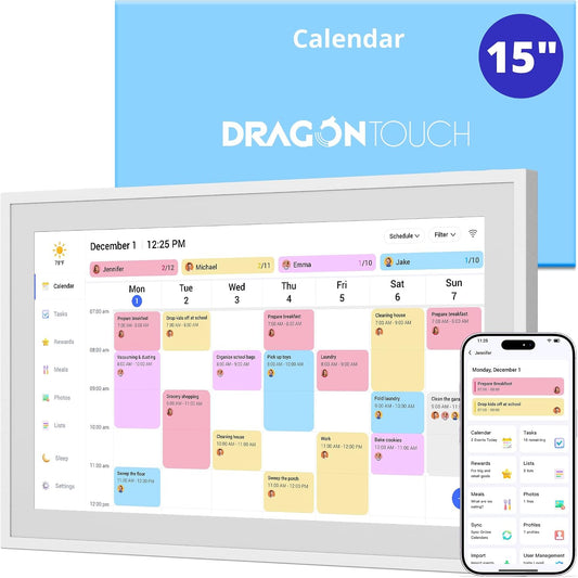 Dragon Touch 15.6" digital calendar chore chart – 1080P full HD interactive touchscreen, smart family planner, Hearth Display wall & desk mountable for seamless scheduling
