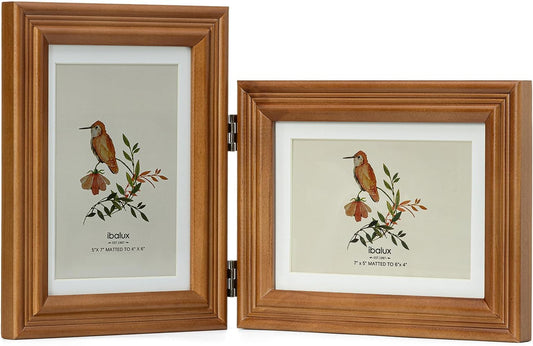 5x7 Double Hinged Picture Frame, 2 Folding Photo Frame, Walnut-colored Pine Wood with Real Glass, Display Pictures 4x6 with Mat or 5x7 without Mat, Vertically or Horizontally on Table Desktop