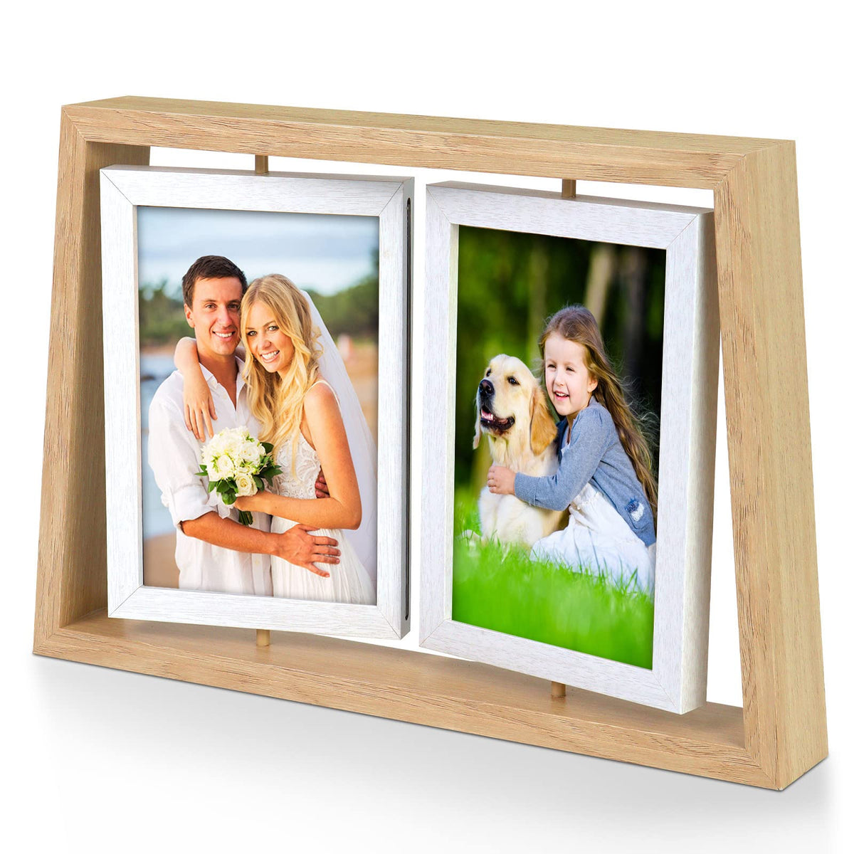 ZEEYUAN 4x6 Rotating Picture Frame Desktop Rustic 4x6in Wooden Photo Frames, Double Side-Display 6 Photos, Floating 4x6 Collage Family PictureFrame for Tabletop Display