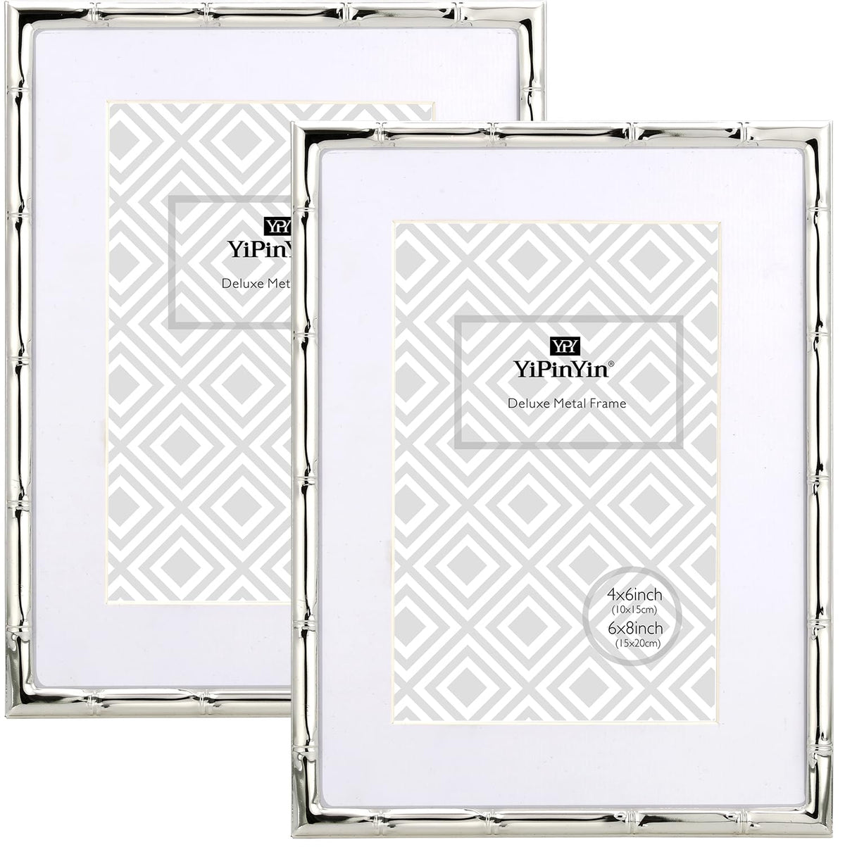 4x6'' Bamboo Detail Double Photo Frames,Silver 6x4'' Double Metal Picture Frames,Elegant Silver Plated Photo Frames 4 x 6'' With Soft Touch Velvet Backing and Real Glass for Desktop and Shelf Decor