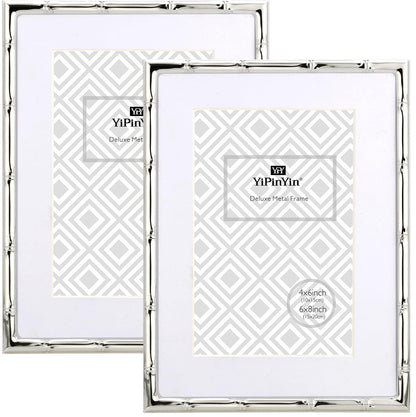 4x6'' Bamboo Detail Double Photo Frames,Silver 6x4'' Double Metal Picture Frames,Elegant Silver Plated Photo Frames 4 x 6'' With Soft Touch Velvet Backing and Real Glass for Desktop and Shelf Decor
