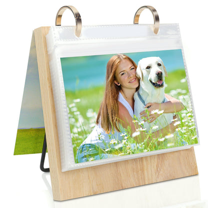 4x6 Desk Flip Photo Album Small Office Desktop Wooden 4x6 Picture Frame Vertical Standing, 4x6in Portrait Family Photo Collections Tabletop