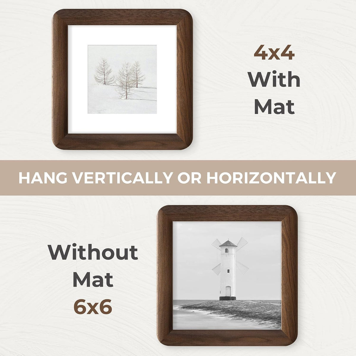 6x6 Picture Frame, USA-Sourced Walnut Wood Photo Frame with Tempered Glass, Handcrafted Rustic Farmhouse Frame for Wall & Tabletop Display, Matted to 4x4