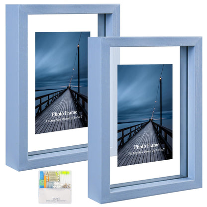 MUYE 5x7 Floating Frame Set of 2,Double Glass Rustic Photo Frame for Wall Hanging or Tabletop Standing,Also Display 4x6 or 3x5 Photo for Floating Effect,Natural