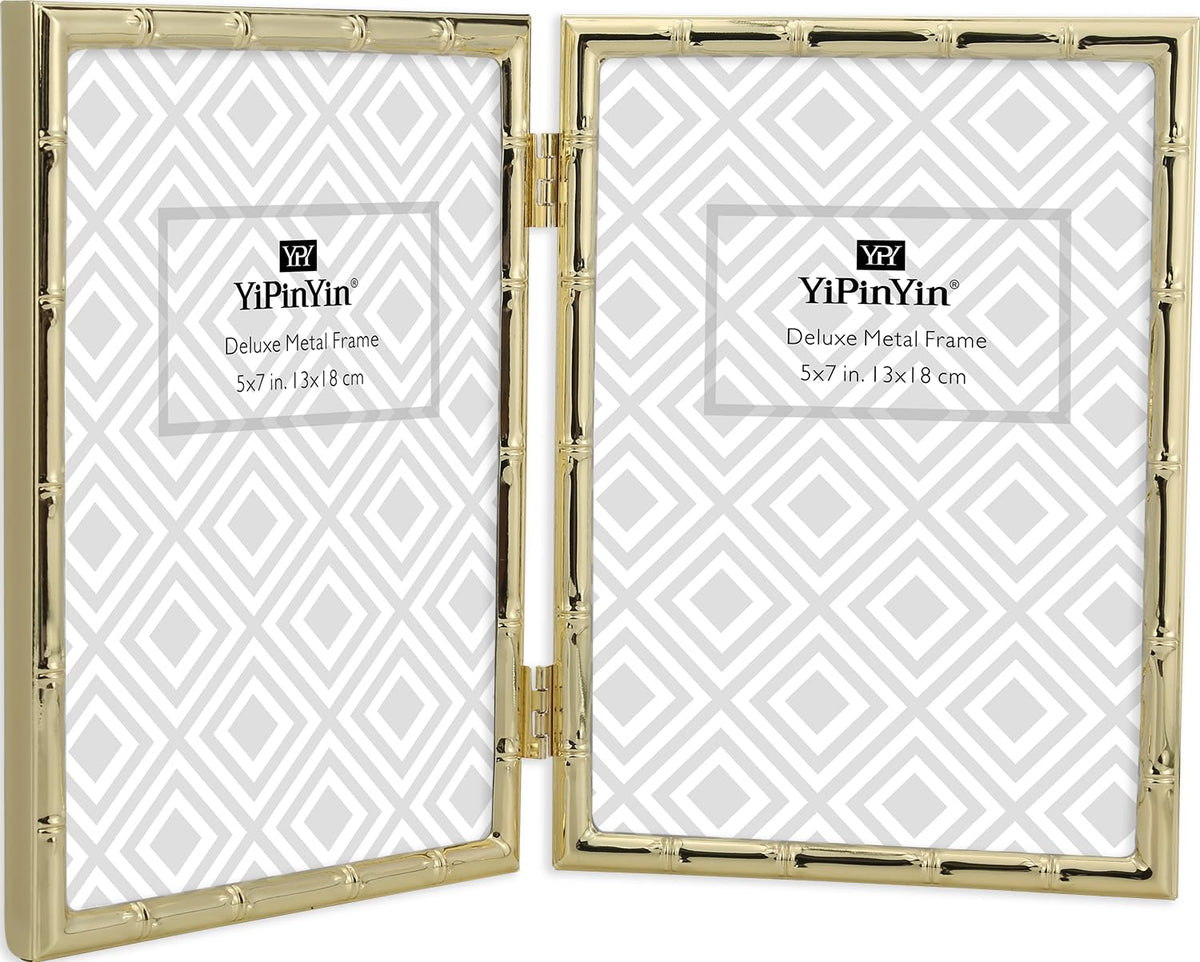 4x6'' Bamboo Detail Double Photo Frames,Silver 6x4'' Double Metal Picture Frames,Elegant Silver Plated Photo Frames 4 x 6'' With Soft Touch Velvet Backing and Real Glass for Desktop and Shelf Decor