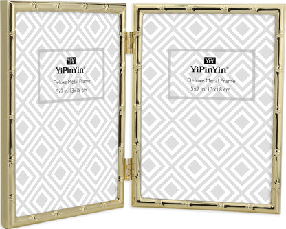 4x6'' Bamboo Detail Double Photo Frames,Silver 6x4'' Double Metal Picture Frames,Elegant Silver Plated Photo Frames 4 x 6'' With Soft Touch Velvet Backing and Real Glass for Desktop and Shelf Decor