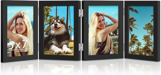 DUENPY 4 Folding 5x7 Accordion Wood Frame Plexiglass Black