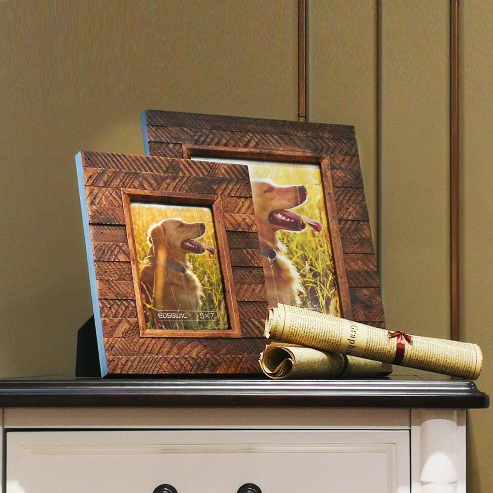 Eosglac Wooden 5x7 inch Picture Frame, Wood Plank Design with Rustic Brown Finish, Wall Mounting or Tabletop Display, Handmade Photo Frame