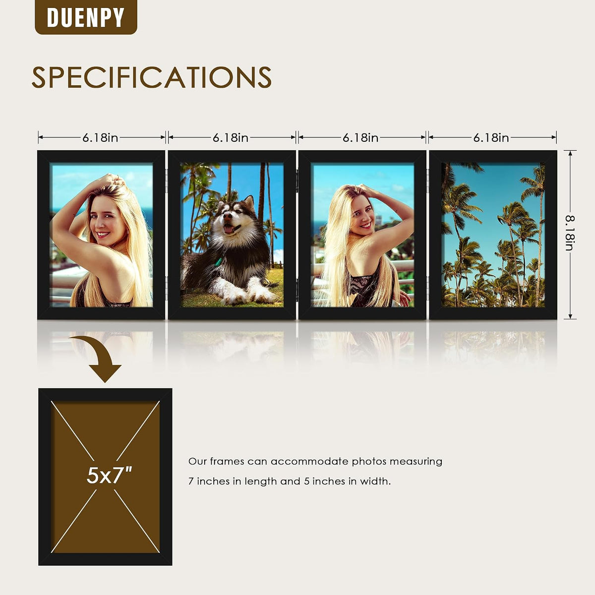 DUENPY 4 Folding 5x7 Accordion Wood Frame Plexiglass Black