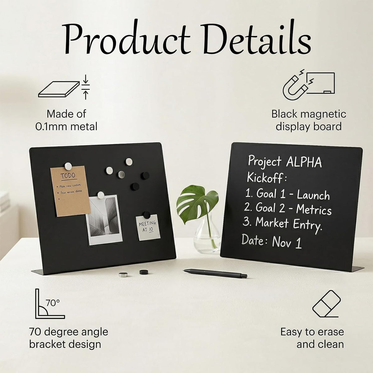 2 Pcs Black Magnetic Board, 16 x 12 Inch Magnet Board with Stand Metal Tabletop Memo Boards for Menu, Notes, Photos, School, Home, Office