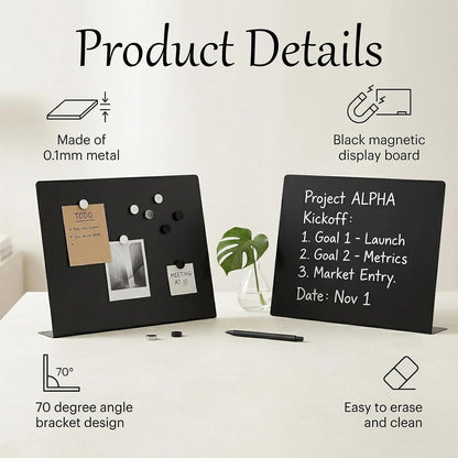2 Pcs Black Magnetic Board, 16 x 12 Inch Magnet Board with Stand Metal Tabletop Memo Boards for Menu, Notes, Photos, School, Home, Office