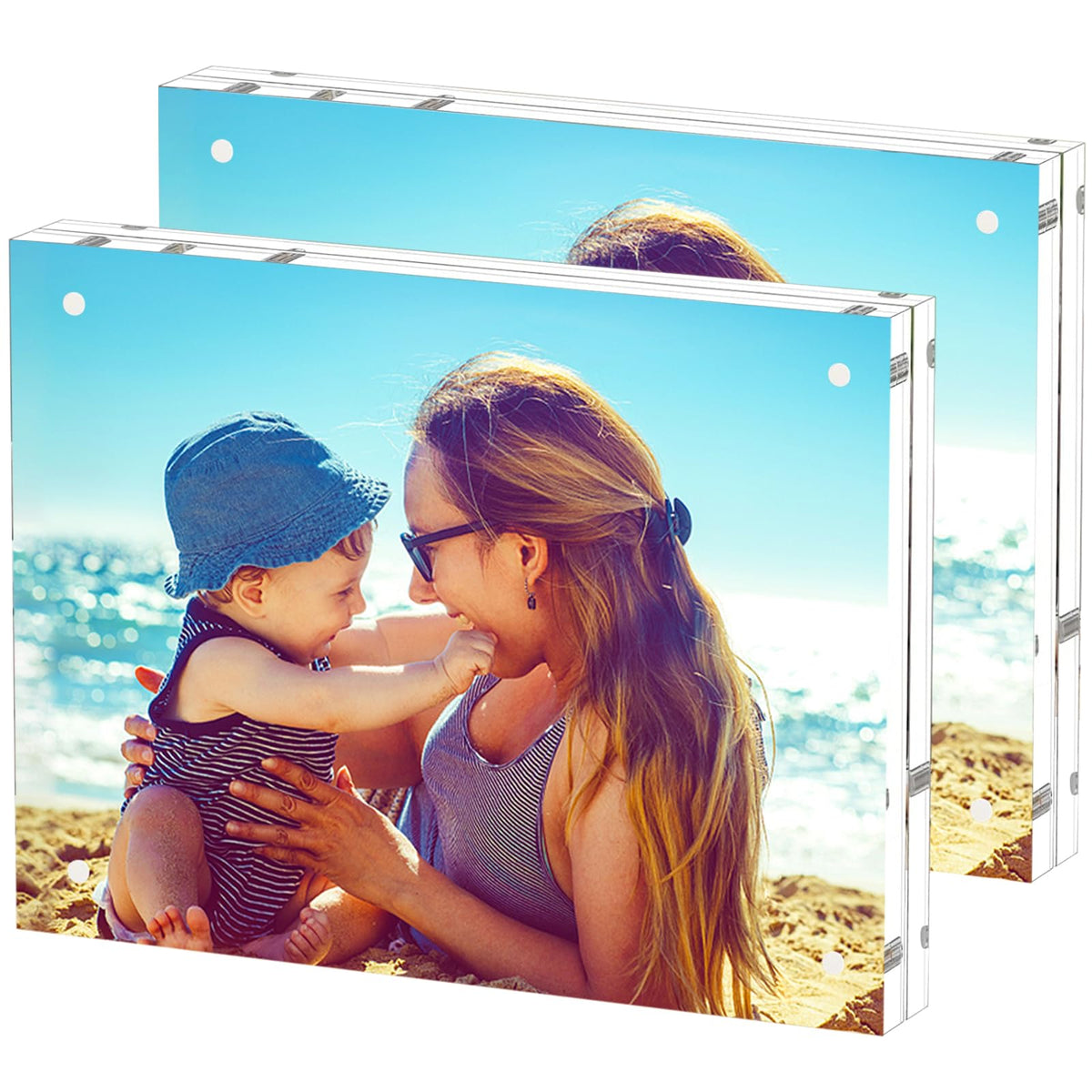 HELPLEX Acrylic Frames, 2 Pack 5x7, 24mm Thicker Frameless Clear Picture Frame, Double Sided Magnetic, Free Standing Desktop Display