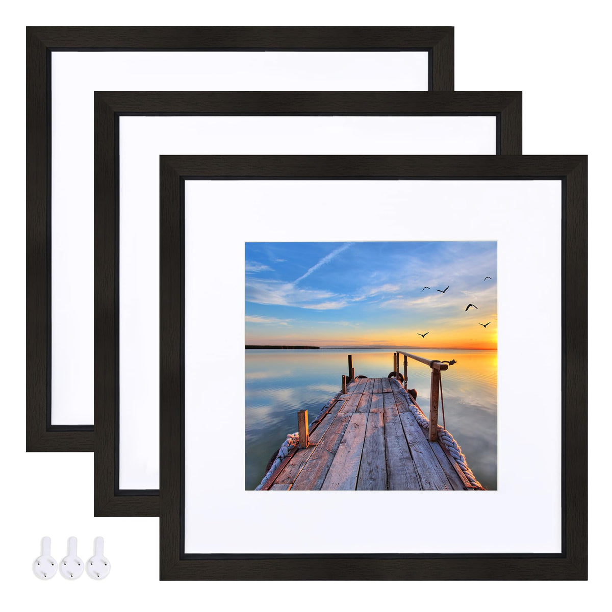Hongkee 12x12 White Picture Frames Set of 3, Real Glass, Wood Frame,Mat 8x8