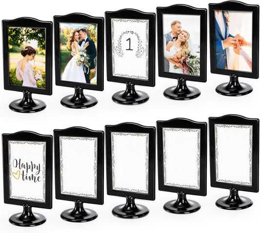 Lawei 10 Pack Double Sided Standing Picture Frames, 4x6 Inch Plastic Pedestal Photo Frame Bulk, Two Sided Vertical Picture Holder with Inserts & Base, Black Display Frame for Wedding Table Number Menu