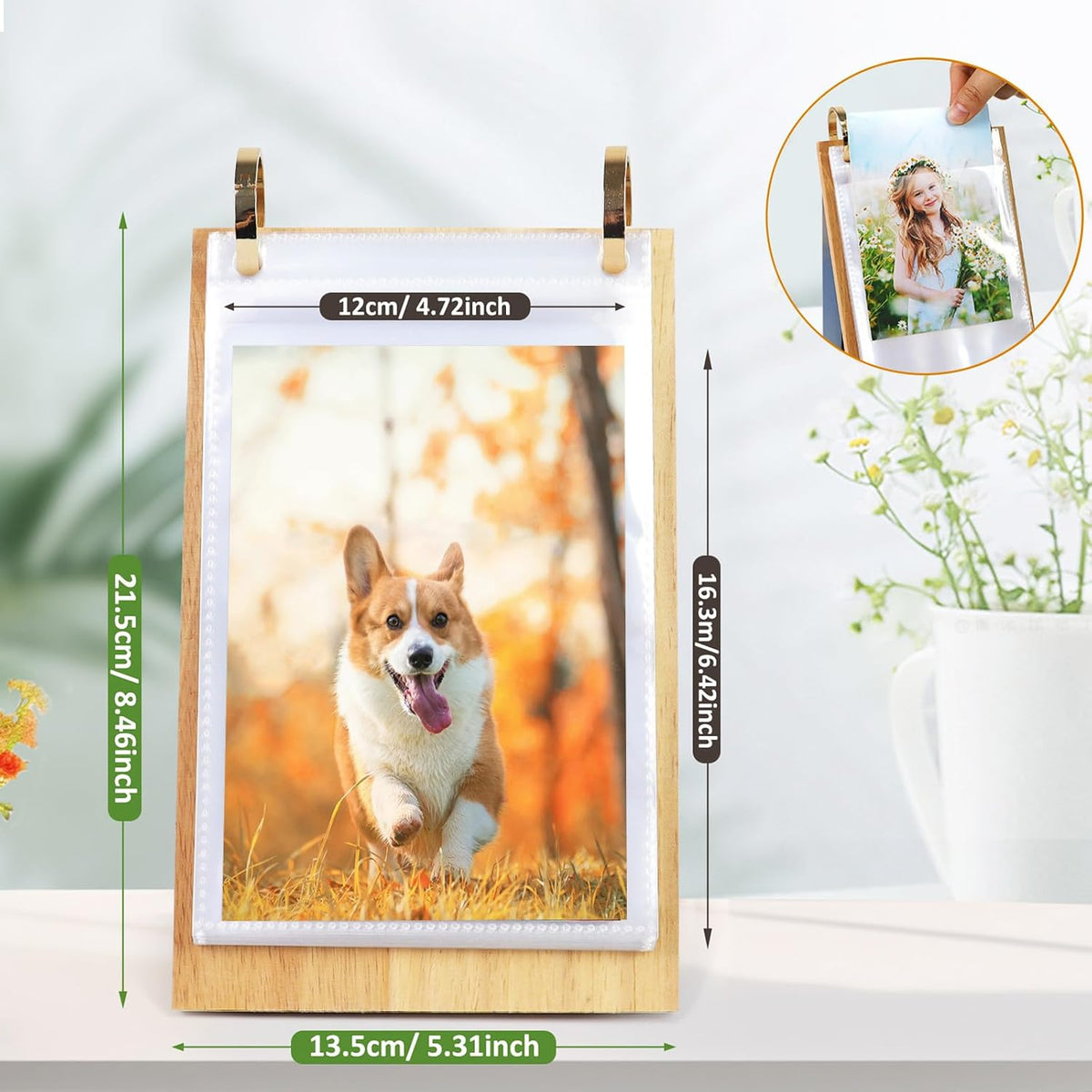 4x6 Desk Flip Photo Album Small Office Desktop Wooden 4x6 Picture Frame Vertical Standing, 4x6in Portrait Family Photo Collections Tabletop