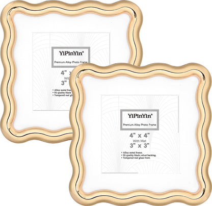 YiPinYin 4x6‘’ Gold Picture Frames Set of 2,High-End Heavy Duty Zinc Alloy Photo Frames with Wave Design,Velvet Backing, Dual Use for Desktop Display & Wall Hanging
