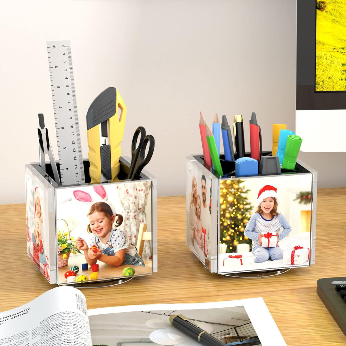 HIIMIEI Acrylic Picture Frames for Desk, Magnetic Photo Cube Pen Holder 4x4