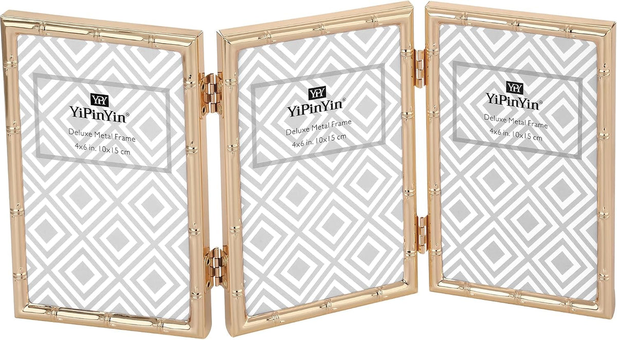 YiPinYin Dark Gold 4x6'' Bamboo Detail Designs Hinged Triple Metal Picture Frame,Elegant Gold Plated Wedding Photo Frames With Soft Touch Velvet Backing for Desktop and Wall Décor