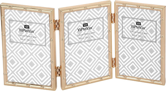 YiPinYin Dark Gold 4x6'' Bamboo Detail Designs Hinged Triple Metal Picture Frame,Elegant Gold Plated Wedding Photo Frames With Soft Touch Velvet Backing for Desktop and Wall Décor