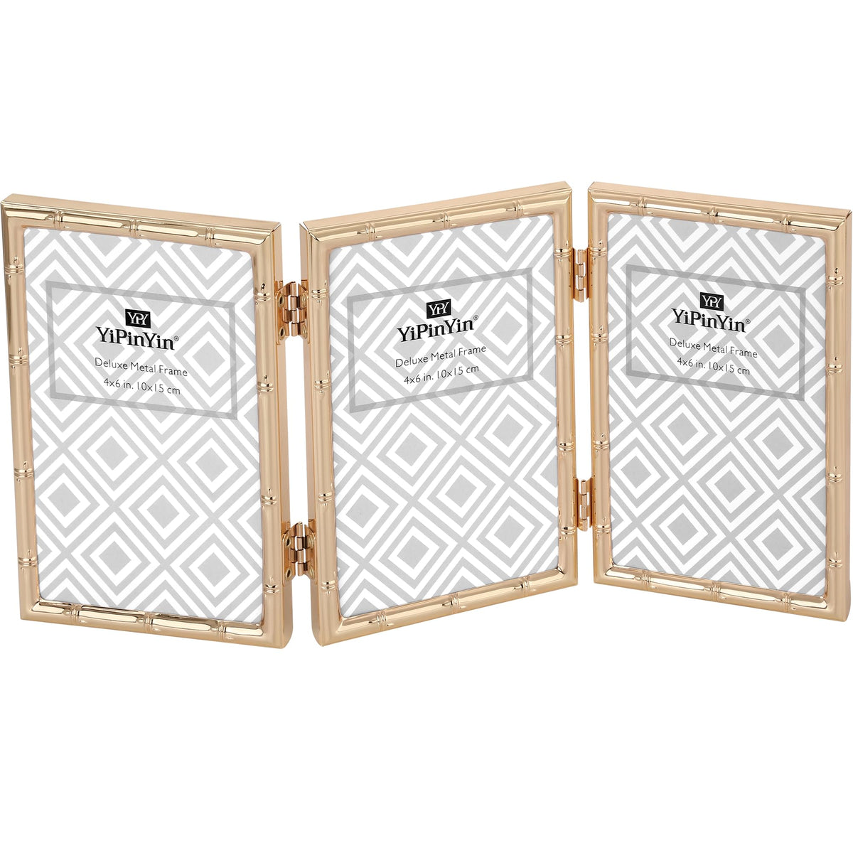 YiPinYin Dark Gold 4x6'' Bamboo Detail Designs Hinged Triple Metal Picture Frame,Elegant Gold Plated Wedding Photo Frames With Soft Touch Velvet Backing for Desktop and Wall Décor