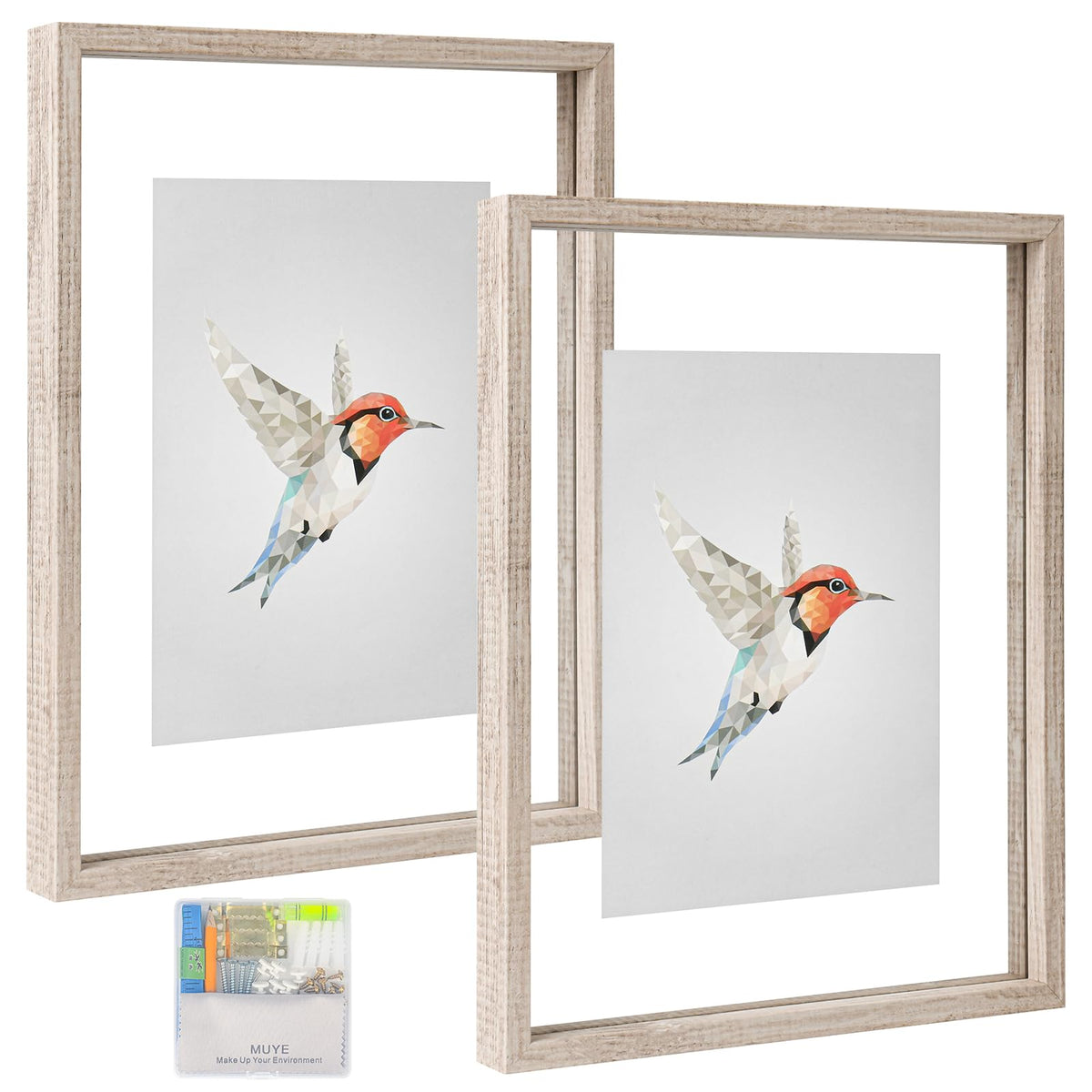 MUYE 5x7 Floating Frame Set of 2,Double Glass Rustic Photo Frame for Wall Hanging or Tabletop Standing,Also Display 4x6 or 3x5 Photo for Floating Effect,Natural