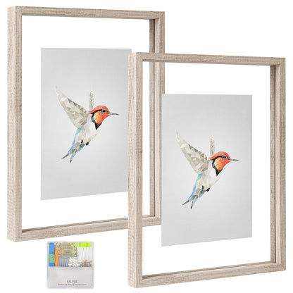 MUYE 5x7 Floating Frame Set of 2,Double Glass Rustic Photo Frame for Wall Hanging or Tabletop Standing,Also Display 4x6 or 3x5 Photo for Floating Effect,Natural