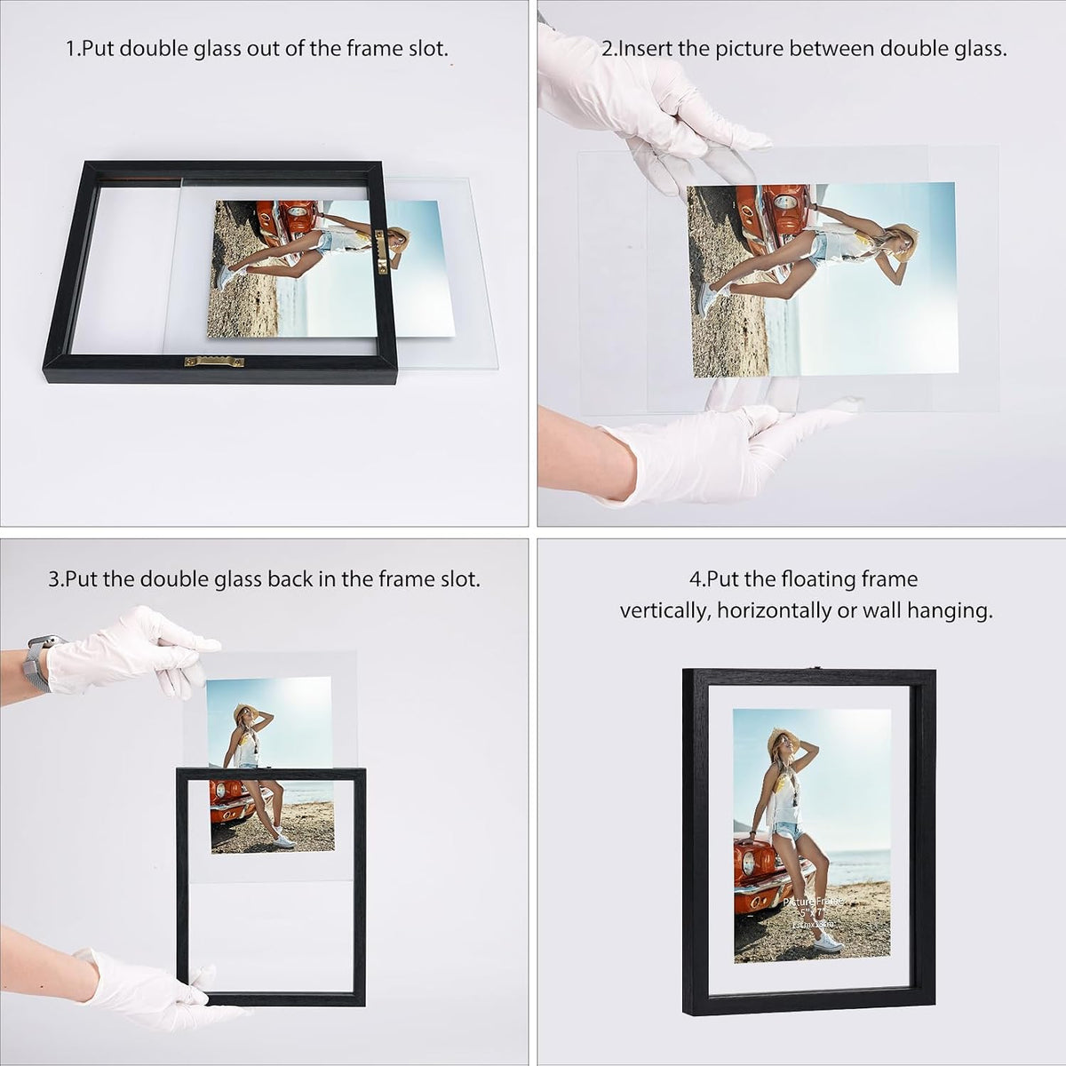 Trwcrt 5x7 Floating Picture Frames Set of 4, Double Glass Photo Frame Display up to 7 x 9 Photos for Desktop or Wall Hanging, Black