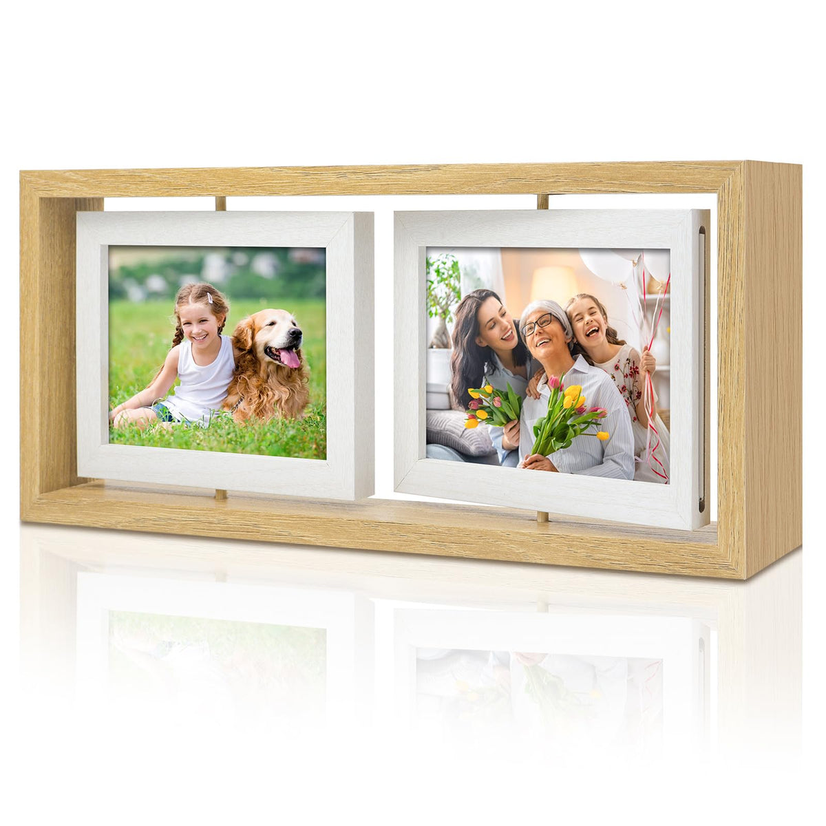 ZEEYUAN 4x6 Rotating Picture Frame Desktop Rustic 4x6in Wooden Photo Frames, Double Side-Display 6 Photos, Floating 4x6 Collage Family PictureFrame for Tabletop Display