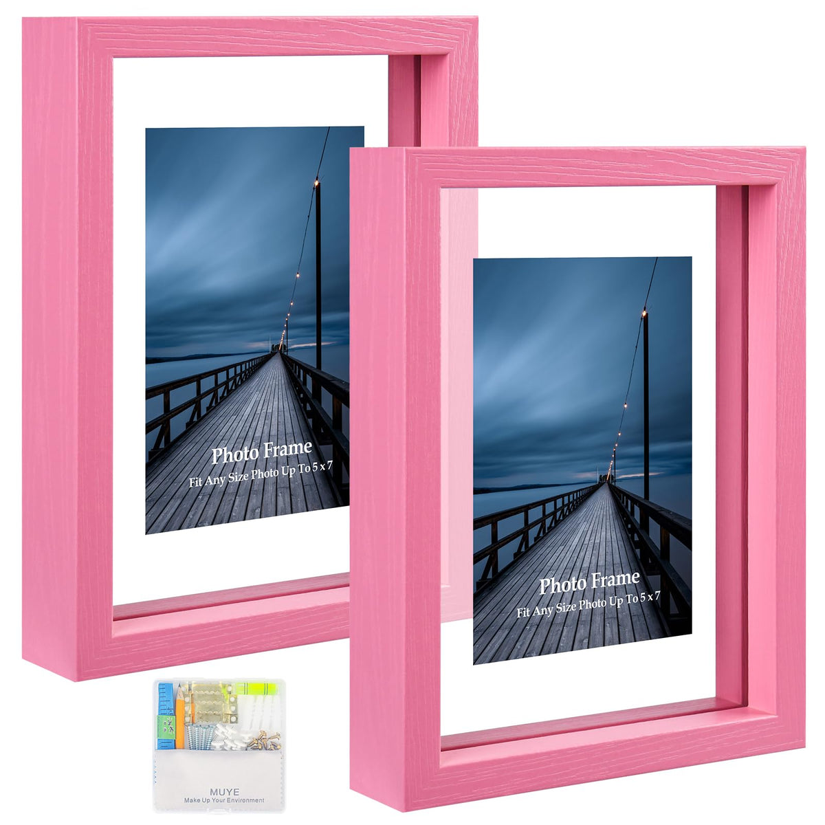 MUYE 5x7 Floating Frame Set of 2,Double Glass Rustic Photo Frame for Wall Hanging or Tabletop Standing,Also Display 4x6 or 3x5 Photo for Floating Effect,Natural