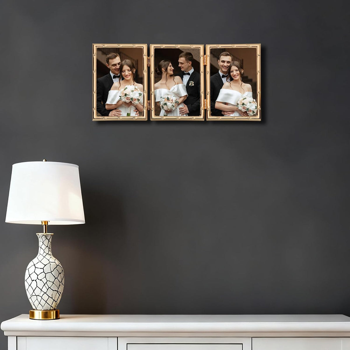 YiPinYin Dark Gold 4x6'' Bamboo Detail Designs Hinged Triple Metal Picture Frame,Elegant Gold Plated Wedding Photo Frames With Soft Touch Velvet Backing for Desktop and Wall Décor