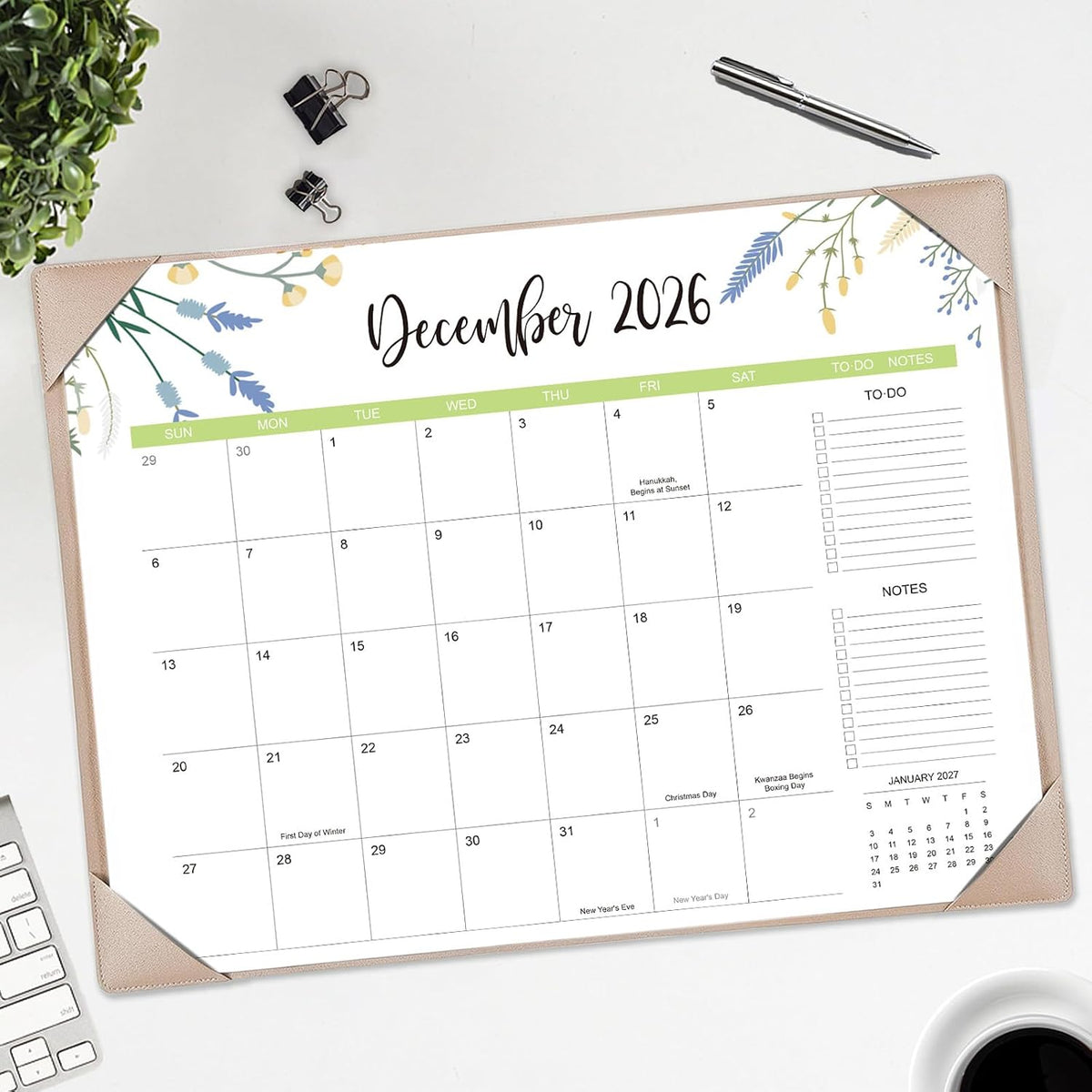 Desk Calendar 2026 with Desk Mat – 22" x 17" Large Desk Pad Calendar Runs from July 2026 to December 2027, Floral Design Desktop Calendar with To Do List, Personal Desk Calendar Planner for Home, Office