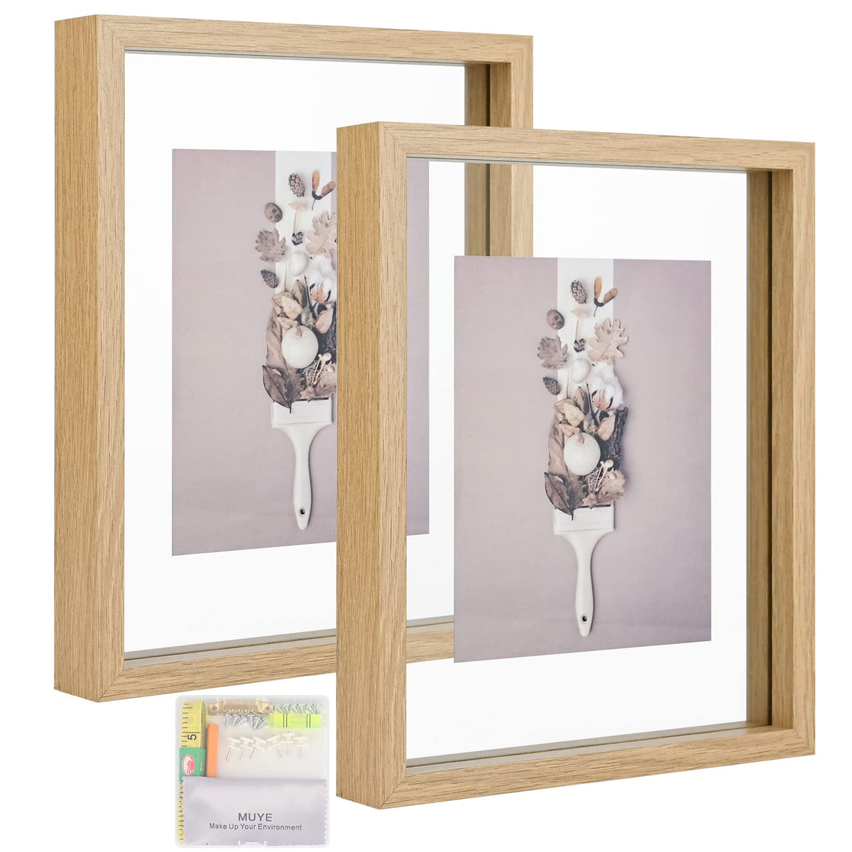 MUYE 5x7 Floating Frame Set of 2,Double Glass Rustic Photo Frame for Wall Hanging or Tabletop Standing,Also Display 4x6 or 3x5 Photo for Floating Effect,Natural