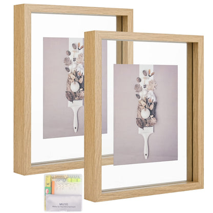 MUYE 5x7 Floating Frame Set of 2,Double Glass Rustic Photo Frame for Wall Hanging or Tabletop Standing,Also Display 4x6 or 3x5 Photo for Floating Effect,Natural