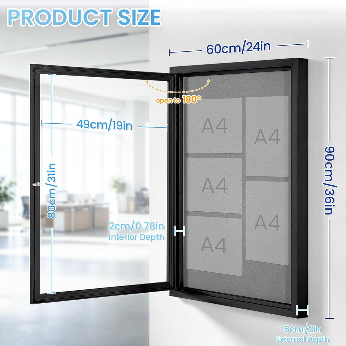 36x24 in Outdoor Bulletin Board Enclosed Display Case, Grey Felt & Black