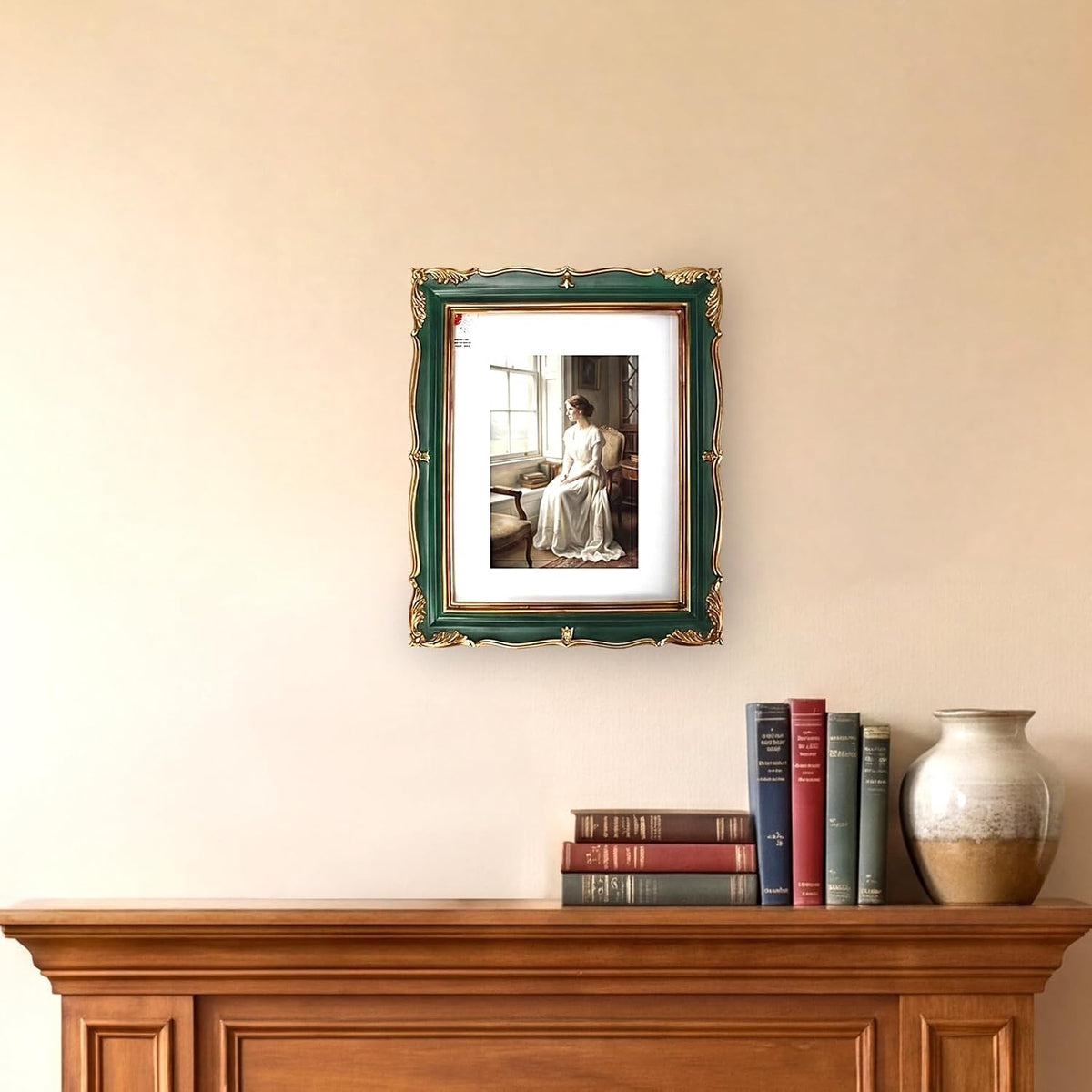 PHAREGE Vintage Picture Frame with Mat for 5x7 Photo, Retro Green Gold