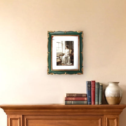 PHAREGE Vintage Picture Frame with Mat for 5x7 Photo, Retro Green Gold