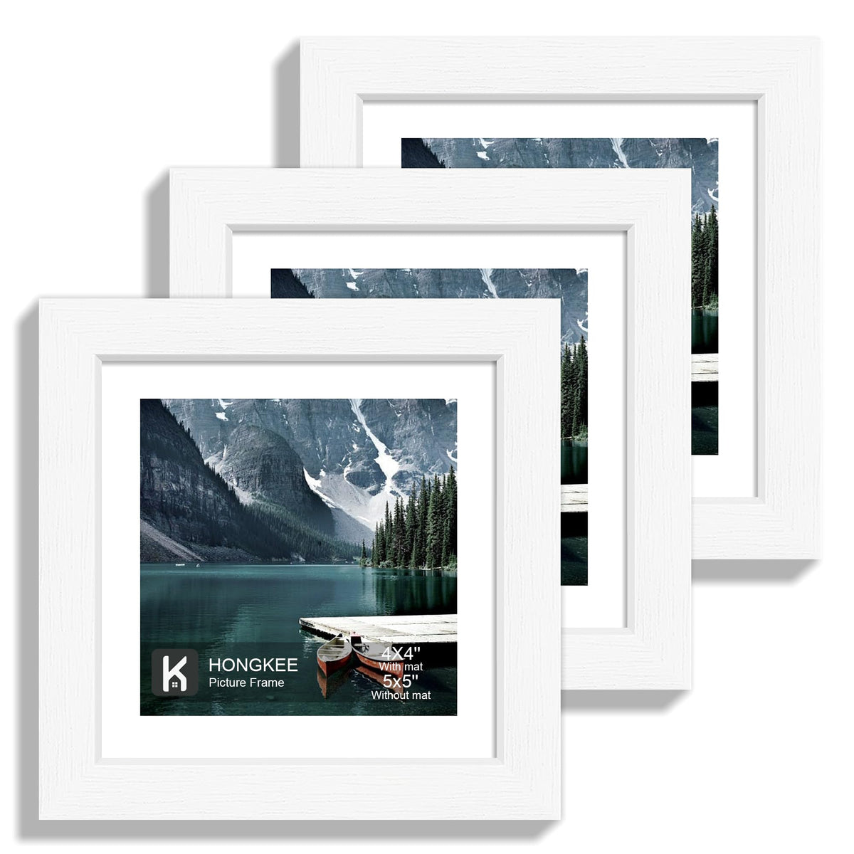 Hongkee 12x12 White Picture Frames Set of 3, Real Glass, Wood Frame,Mat 8x8