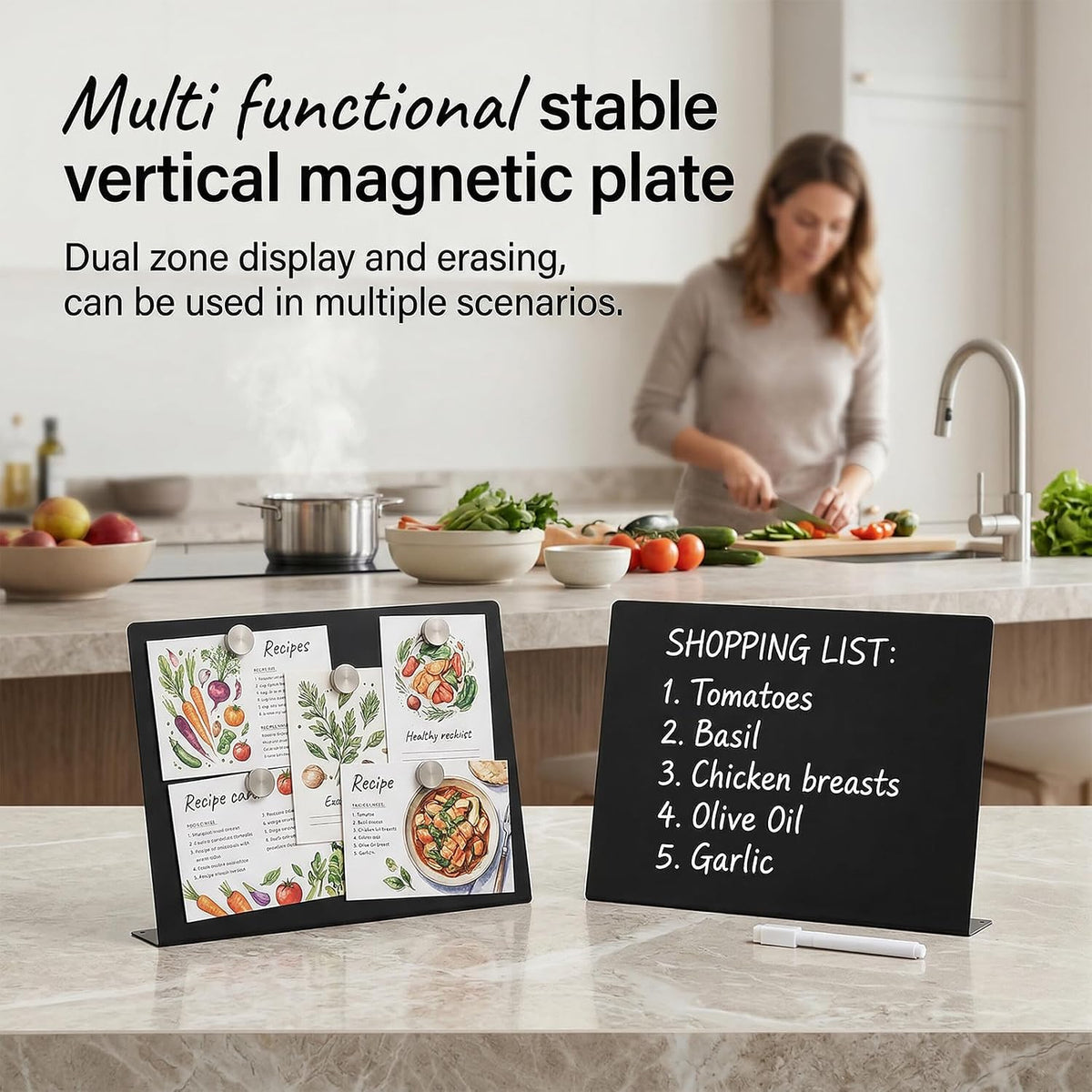 2 Pcs Black Magnetic Board, 16 x 12 Inch Magnet Board with Stand Metal Tabletop Memo Boards for Menu, Notes, Photos, School, Home, Office